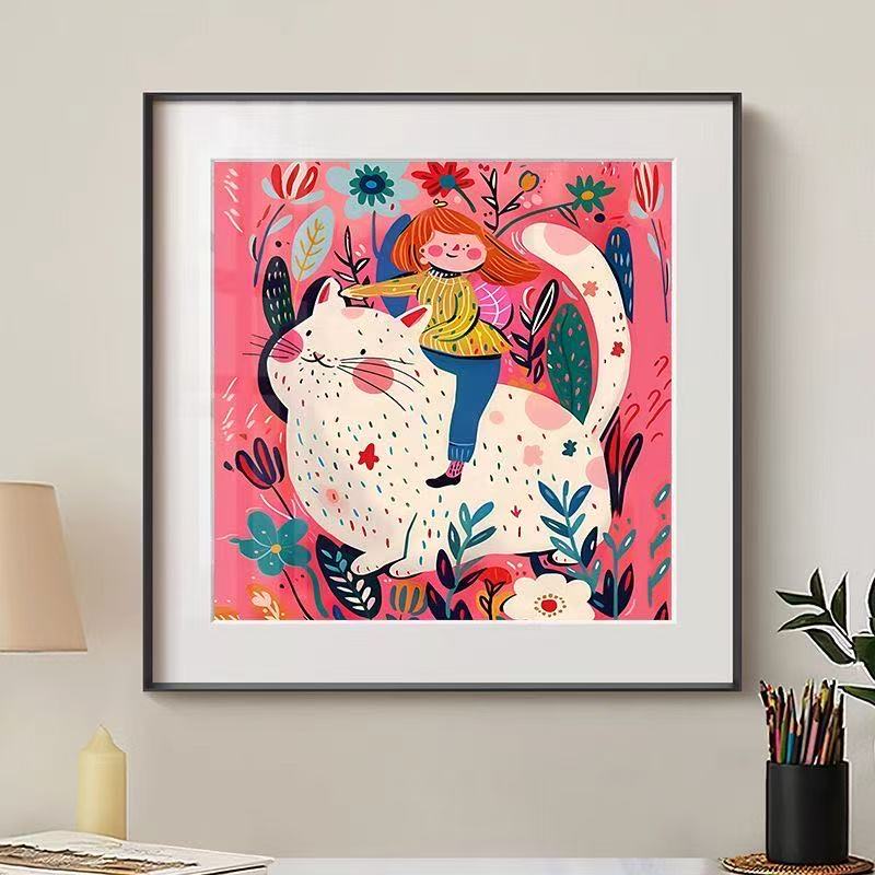 Whimsical Cat & Girl Wall Art