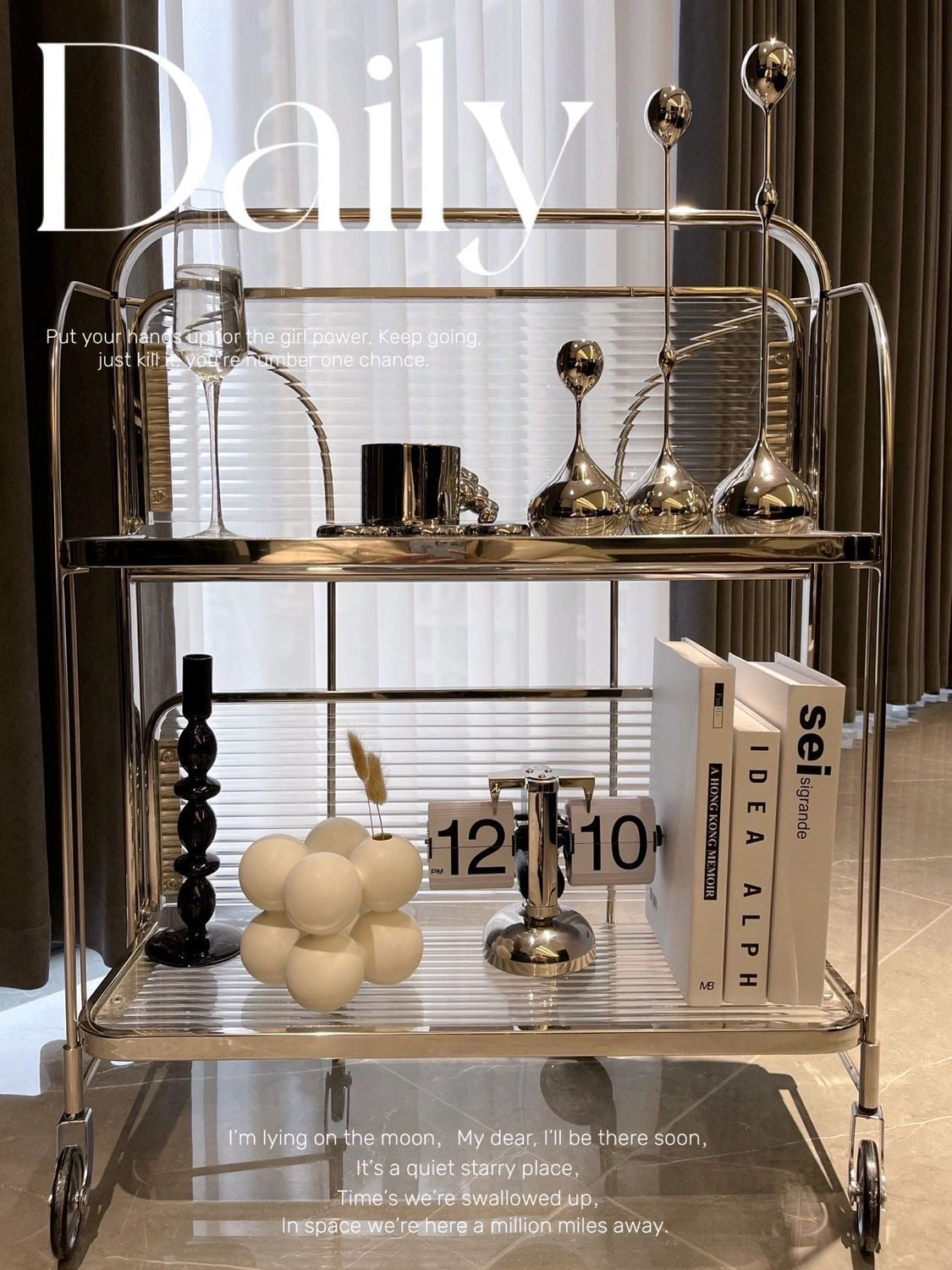 Old School Glass Trolley Folding Side Table Cart