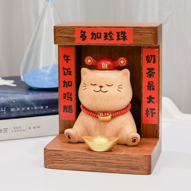 Lucky Charm Wooden Cat Figurine