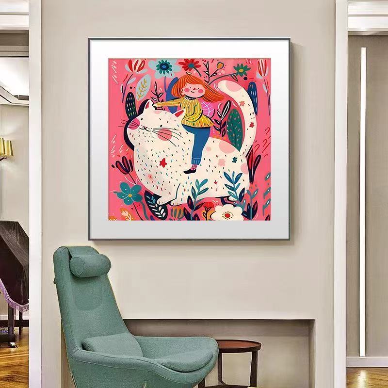 Whimsical Cat & Girl Wall Art
