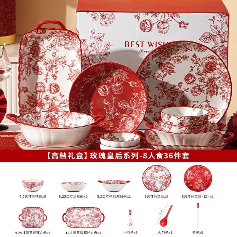 Festive Set of Bowls and Chopsticks for Household Red Tableware