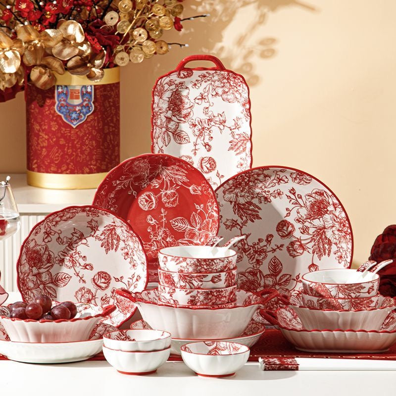 Festive Set of Bowls and Chopsticks for Household Red Tableware