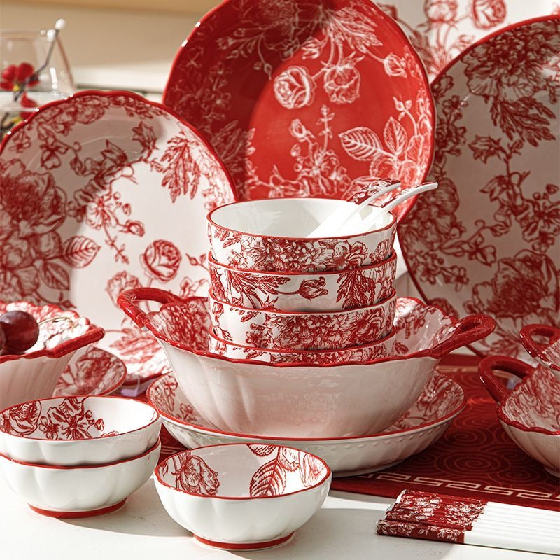 Festive Set of Bowls and Chopsticks for Household Red Tableware