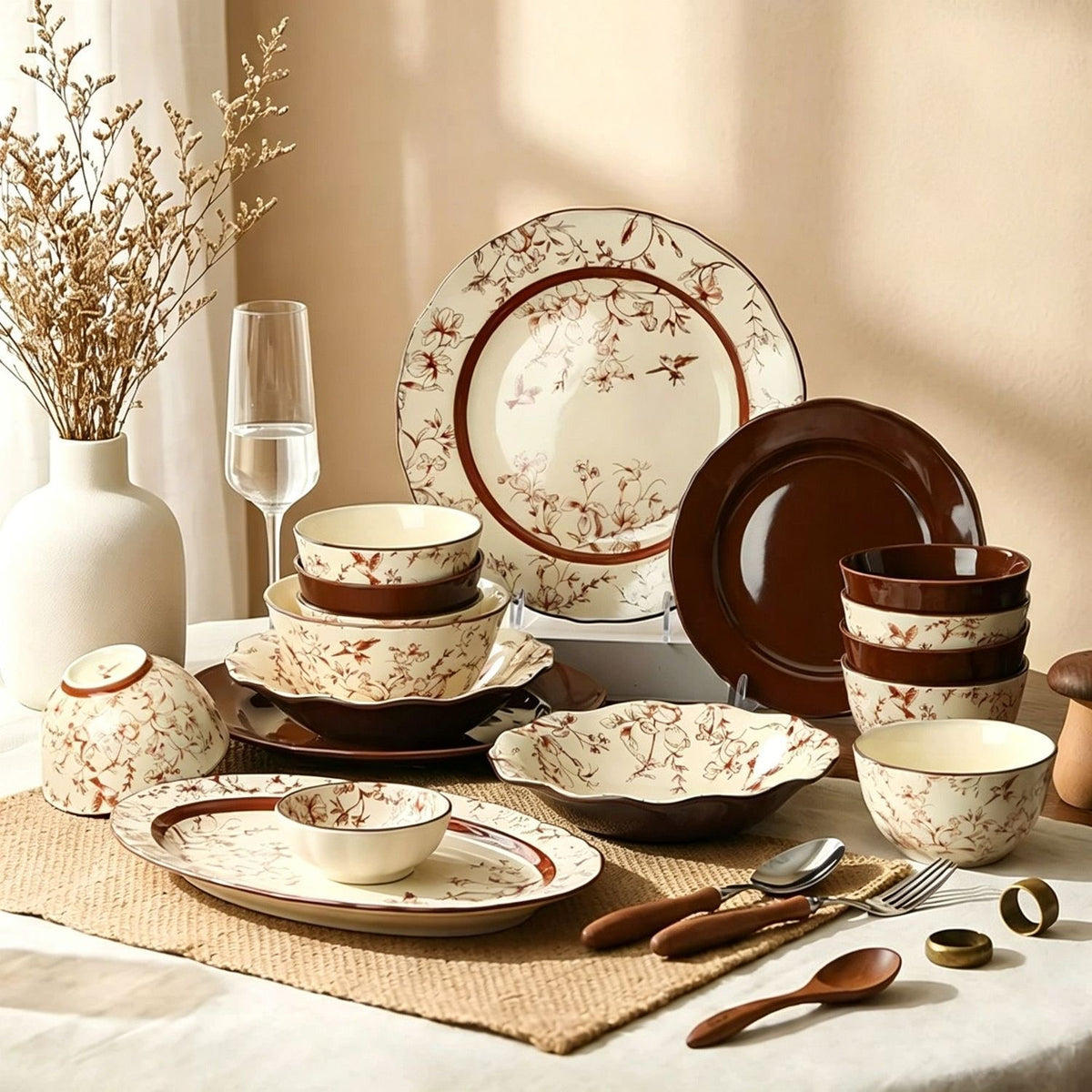 Crane Blossom Ceramic Dinnerware Set