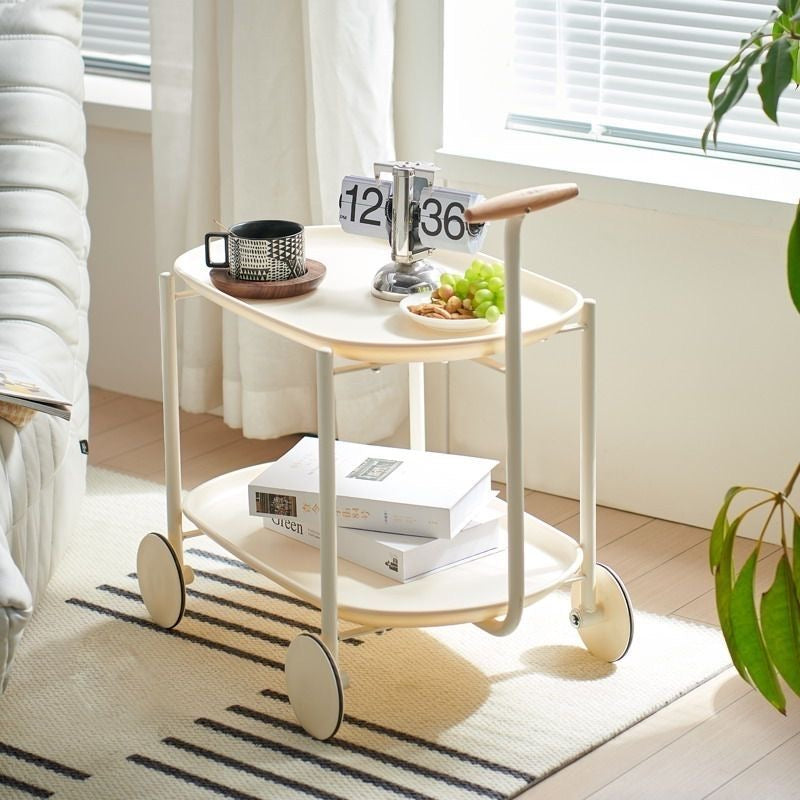 Modern Two-Tier Rolling Storage Cart With Wooden Handle