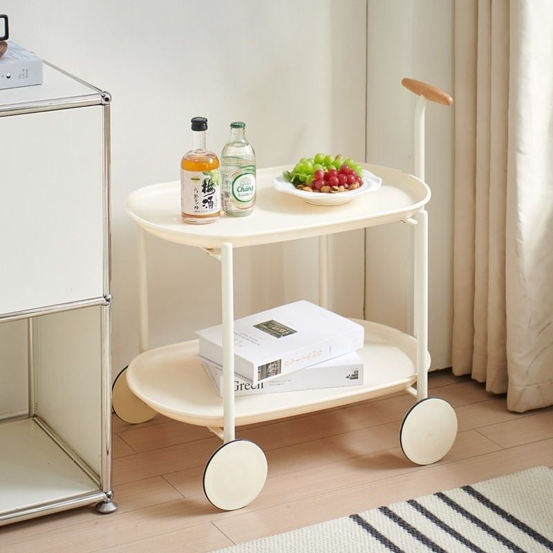 Modern Two-Tier Rolling Storage Cart With Wooden Handle