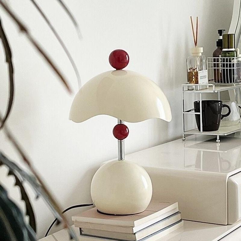 Cherry Dome Retro Table Lamp – Cream & Red Accent Light