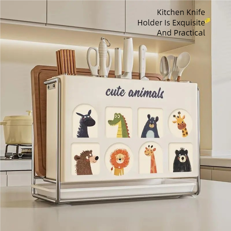 Cute Animals All-in-One Knife & Utensil Rack – Wall-Mountable Draining Organizer