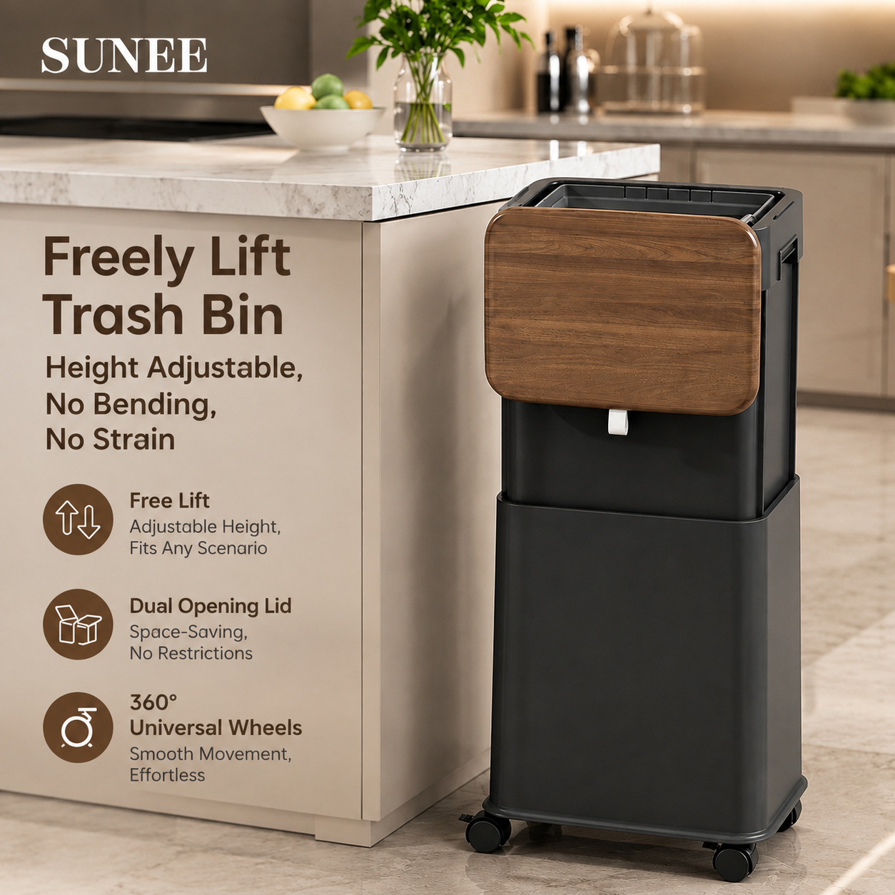 LiftEase 20L Adjustable Rolling Trash Bin