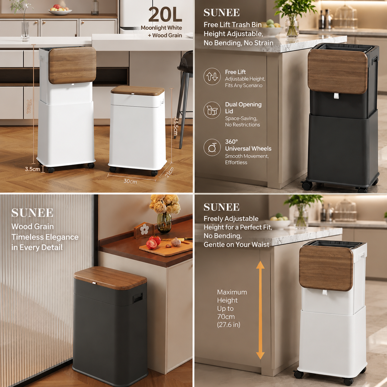 LiftEase 20L Adjustable Rolling Trash Bin