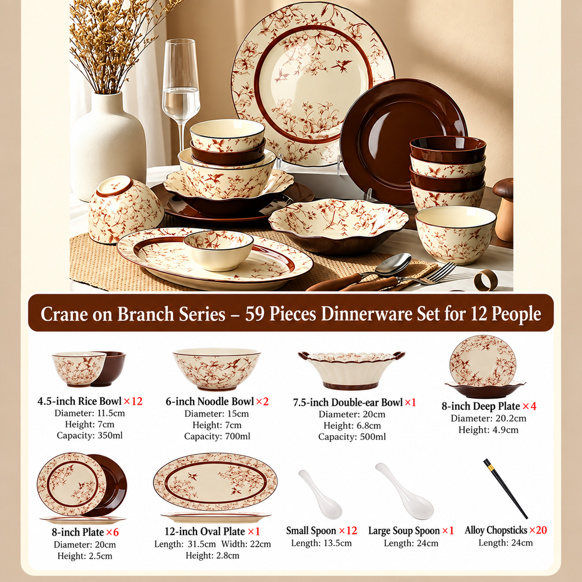 Crane Blossom Ceramic Dinnerware Set