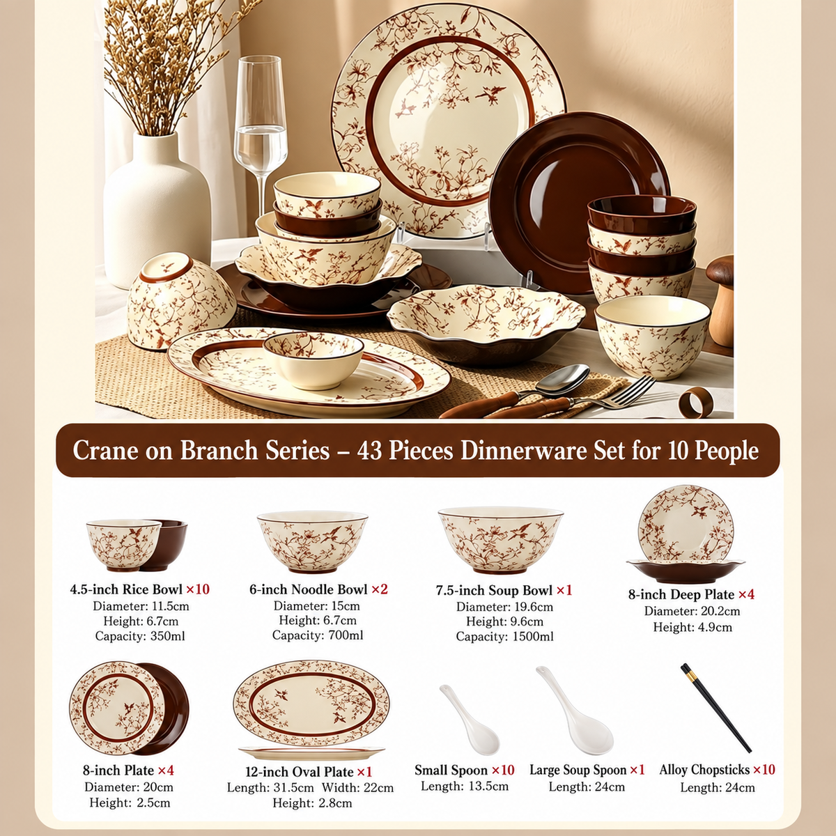 Crane Blossom Ceramic Dinnerware Set