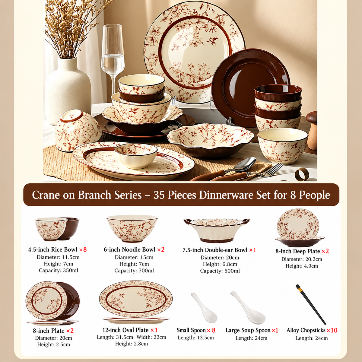 Crane Blossom Ceramic Dinnerware Set