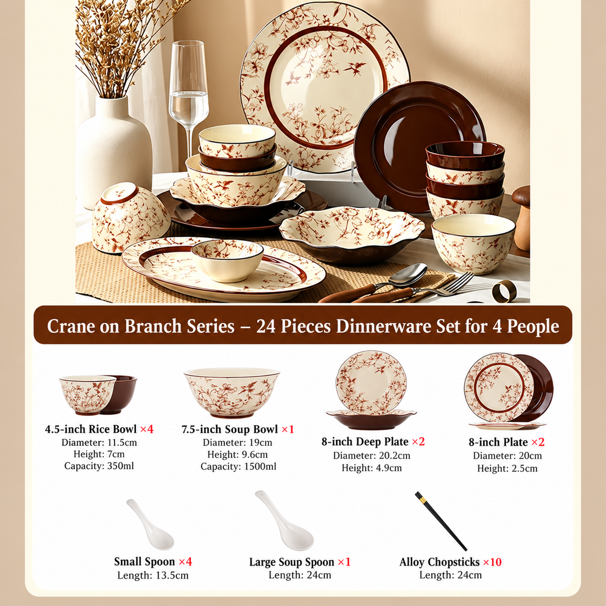 Crane Blossom Ceramic Dinnerware Set
