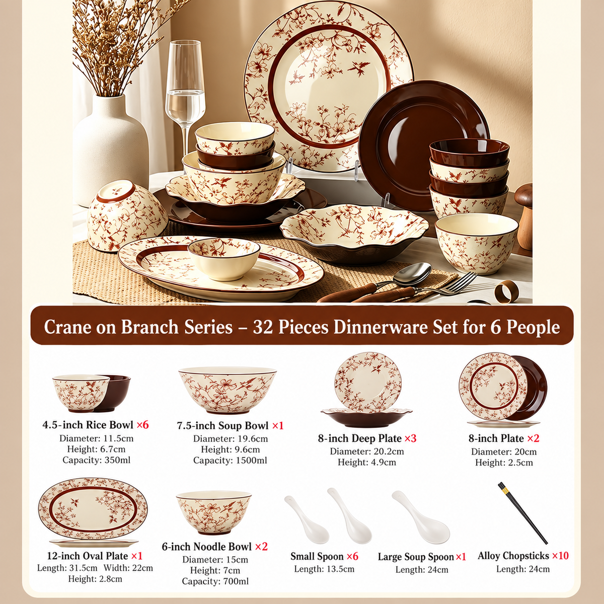 Crane Blossom Ceramic Dinnerware Set