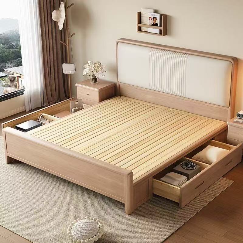 Solid wood bed with drawers for storage