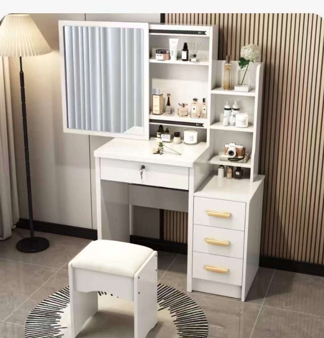 Dressing table with tall cabinet and storage rack
